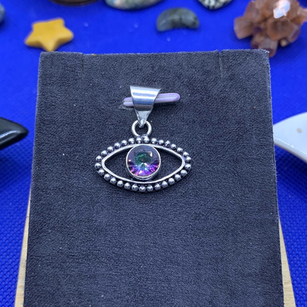 Mystic Topaz Lucky “Evil Eye” Pendant! .925 Sterling Silver Overlay, Handmade!